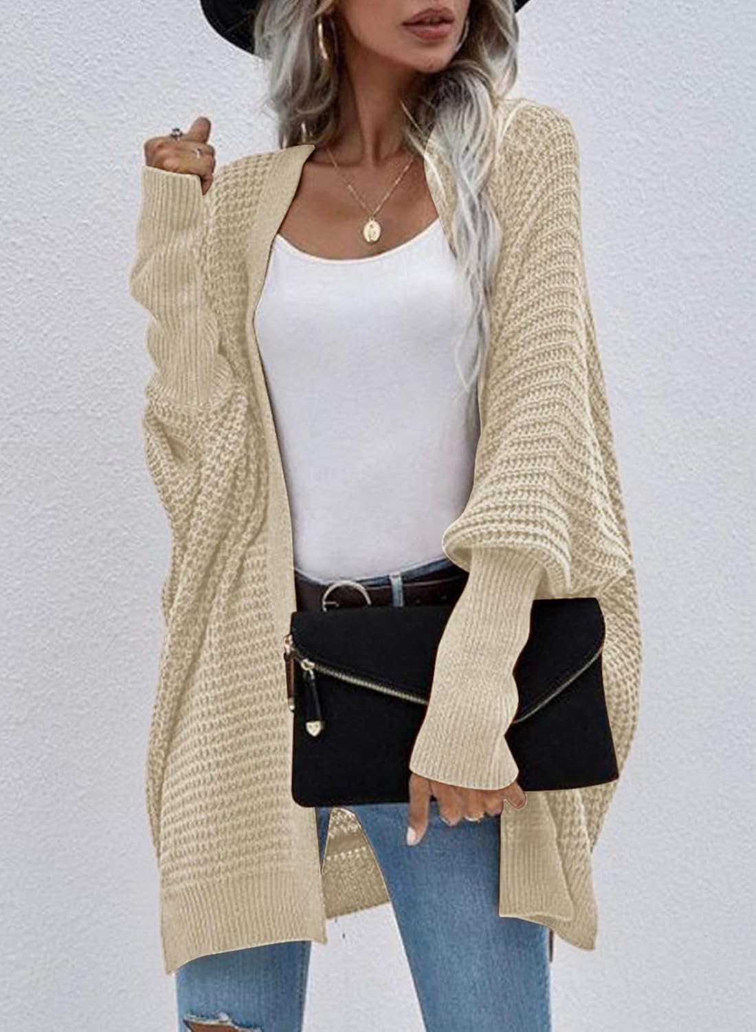 Dokotoo Women's 2024 Open Front Batwing Chunky Knit Cardigan Apricot