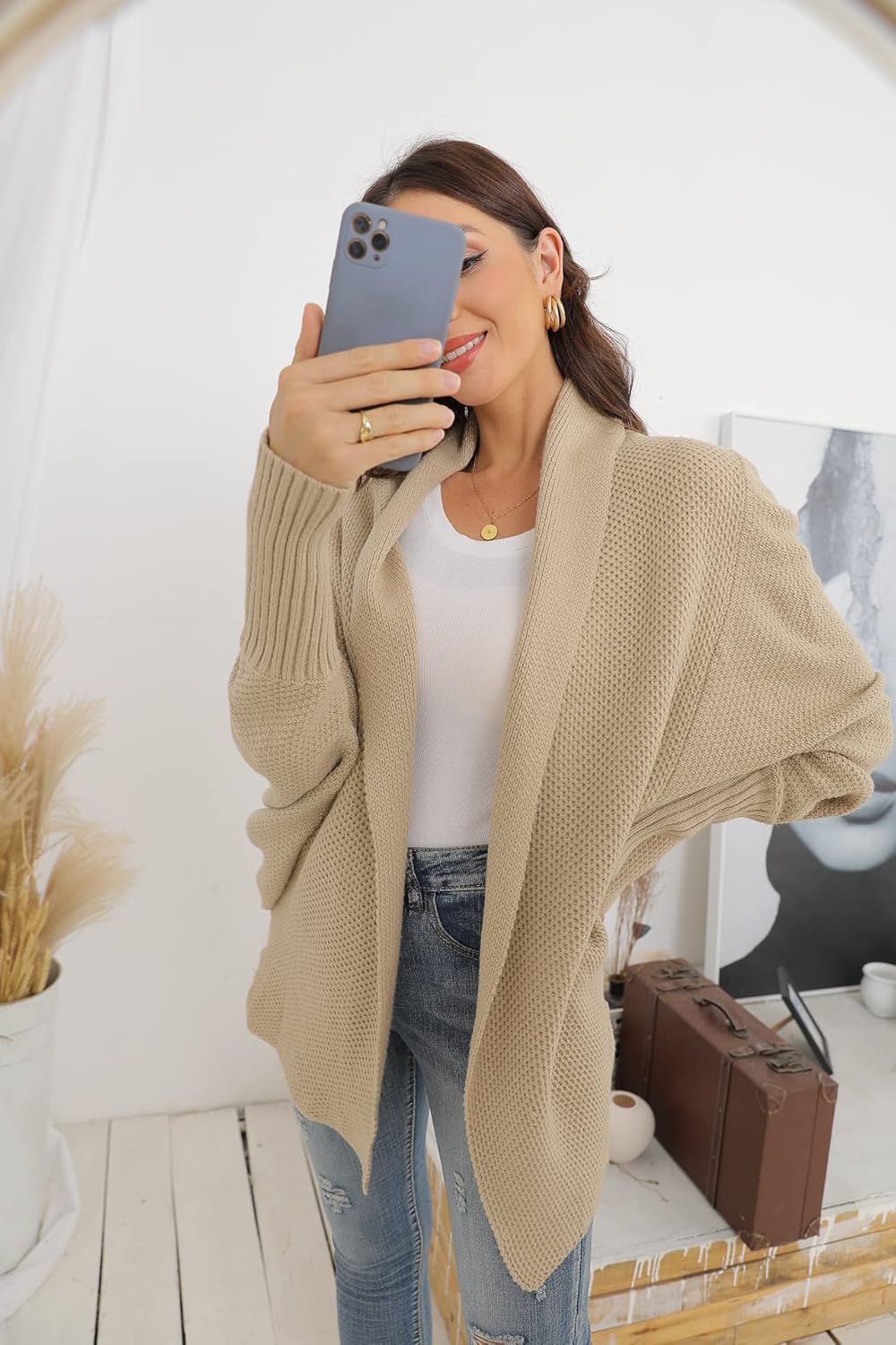 GRECERELLE Womens Kimono Batwing Cable Open Front Cardigan Sweater Khaki
