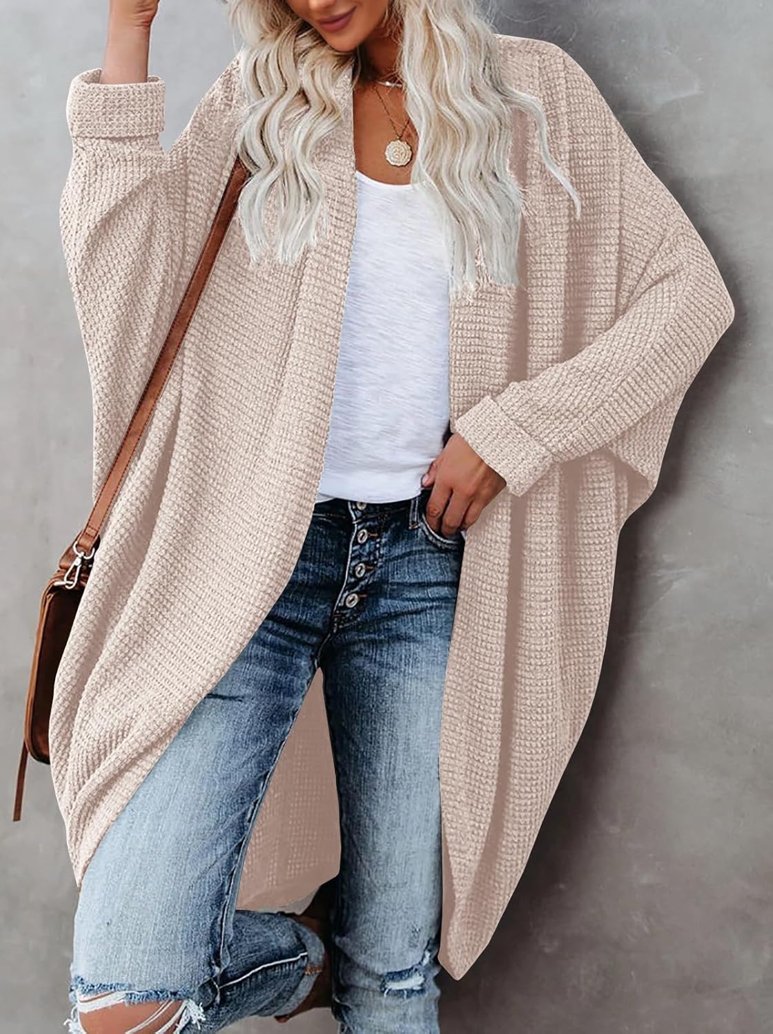 ZoeAce Womens Open Front Knit Cardigan Long Batwing Sleeve Oversized Sweater Beige