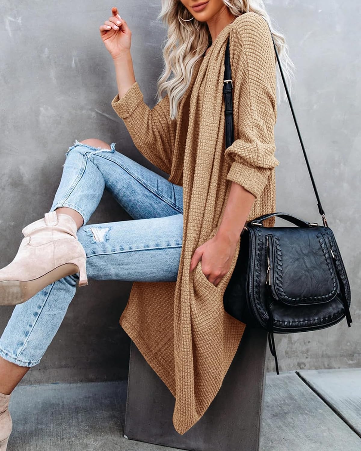 ZoeAce Womens Open Front Knit Cardigan Long Oversized Sweater Khaki
